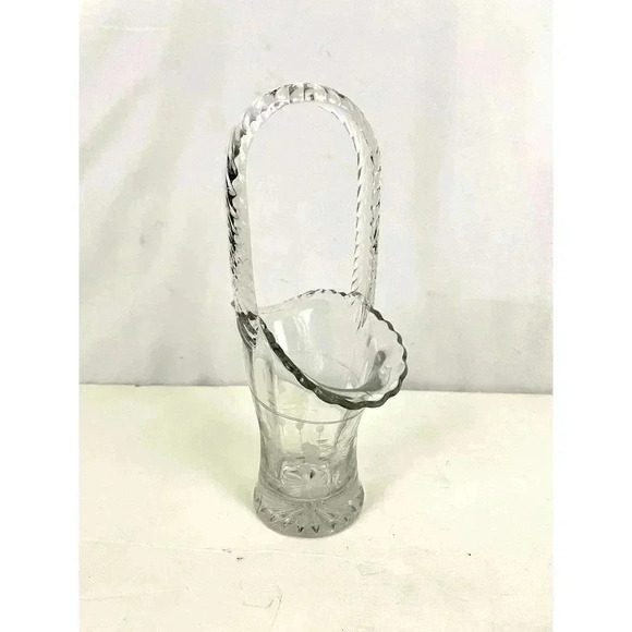 VTG Pressed Clear Etched Floral Glass Basket Vase 9.75" Tall MCM Home Decor - Picture 6 of 16